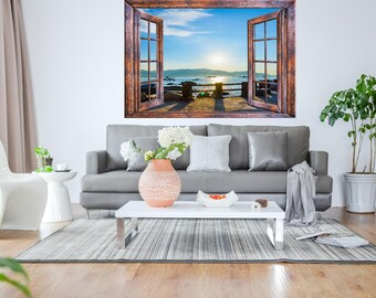 3D Tropical Beach Window Brown Wall Art Vinyl Sticker Scenery Sun Rise View Bedroom Decal Decor Mural Peel & Stick Vinyl