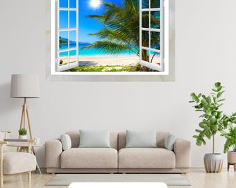 3D Tropical Beach Window Wall Art Vinyl Sticker Scenery View Bedroom Decal Decor Mural Peel & Stick Vinyl