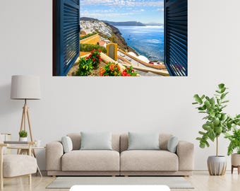Santorini Island 3D Window View Wall Art Vinyl Sticker Beach Decal Decor Peel & Stick Vinyl