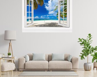 3D Tropical Beach Window Wall Art Vinyl Sticker Scenery View Bedroom Decal Decor Mural Peel & Stick Vinyl