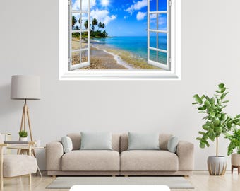 3D Tropical Beach Window Wall Art Vinyl Sticker Scenery Trees Bedroom Decal Decor Mural Peel & Stick Vinyl