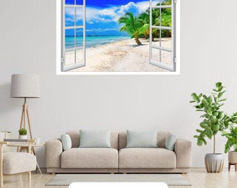 3D Tropical Beach Window Wall Art Vinyl Sticker Scenery View Bedroom Decal Decor Mural Peel & Stick Vinyl