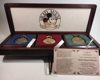 Vintage Disney Mickey Mouse Pocket Watch Set, Limited Edition with Case (Plane Crazy, On Ice, the Brave Little Tailor)