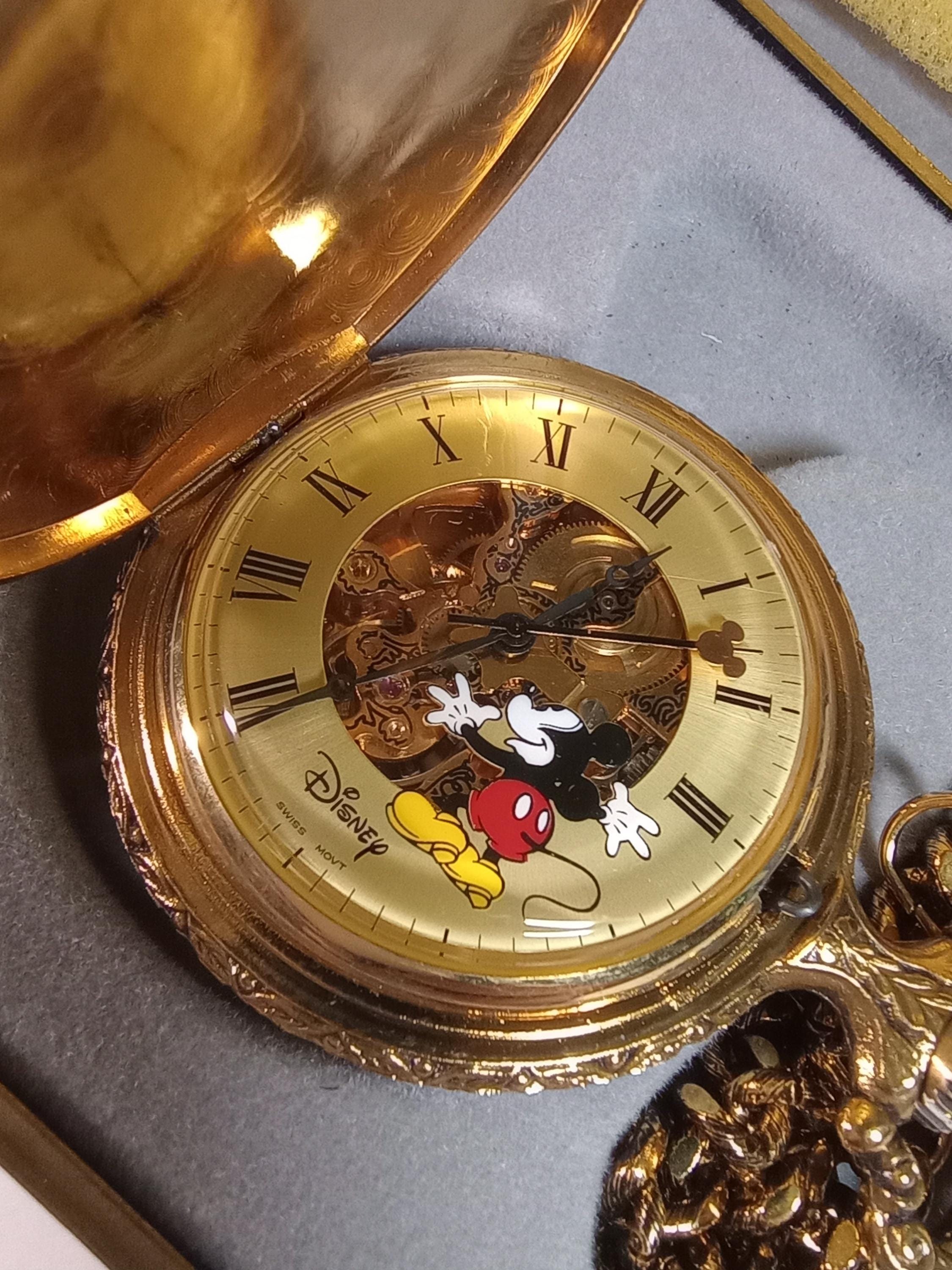 Disney Mickey Mouse Gold Skeleton Wind up Pocket Watch With Swiss