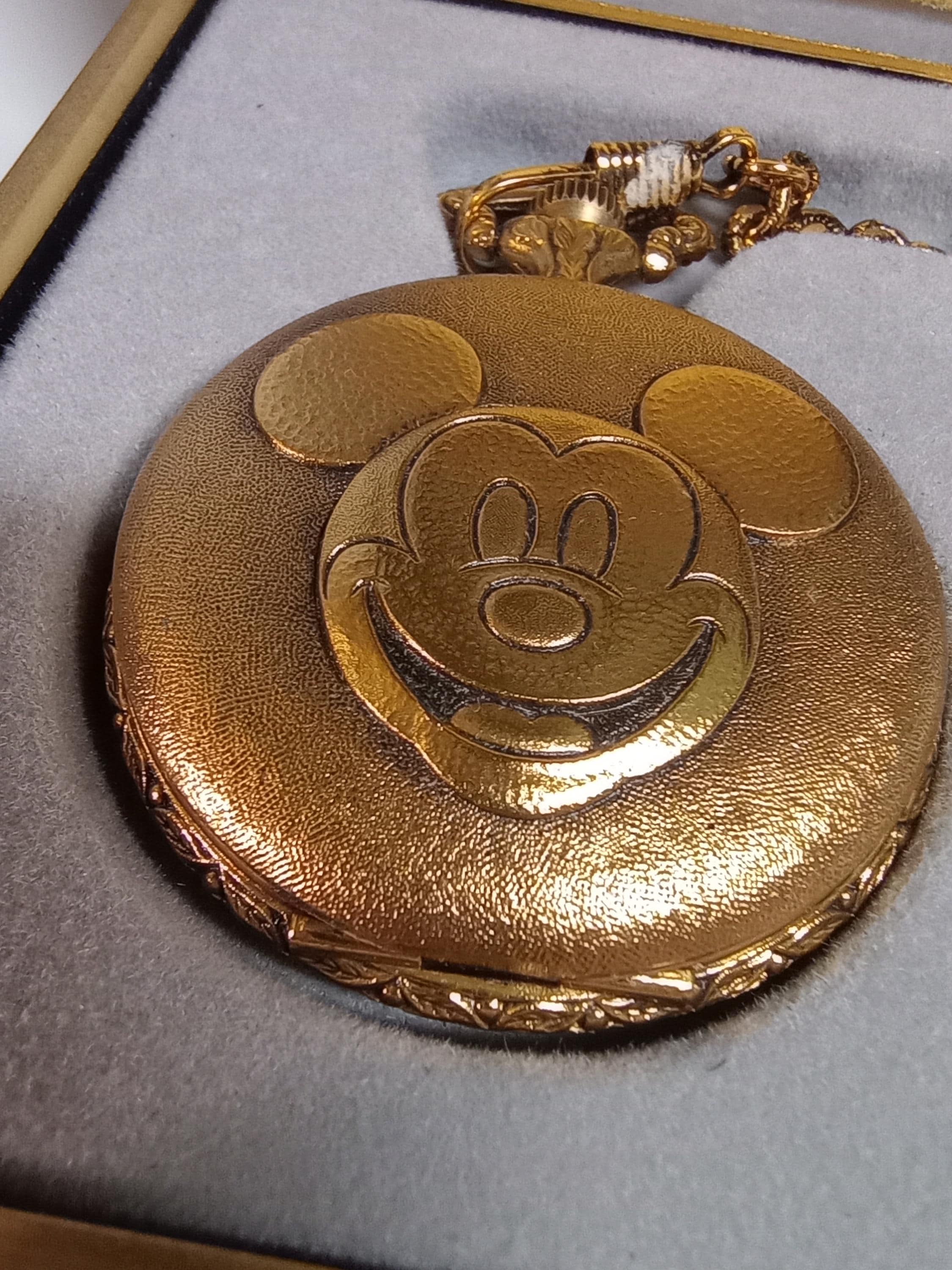 Disney Mickey Mouse Gold Skeleton Wind up Pocket Watch With Swiss