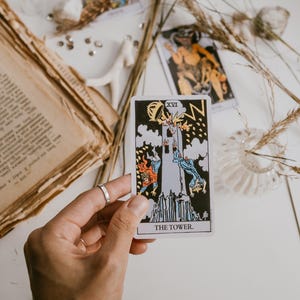 May include: A tarot card with the image of a tower being struck by lightning. The card is labeled "XVI THE TOWER".