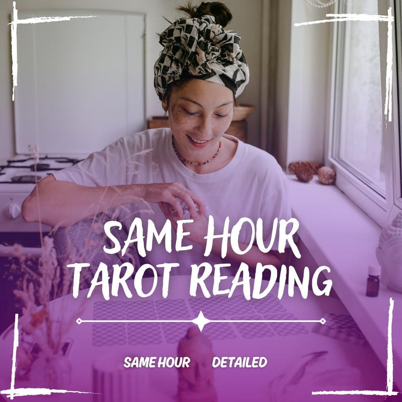 May include: A person wearing a white t-shirt and a black and white headscarf is smiling while looking at tarot cards. The text "SAME HOUR TAROT READING" is displayed in large white letters. The words "SAME HOUR" and "DETAILED" are also visible.