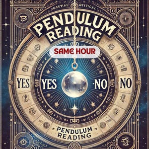 Può includere: Un grafico di lettura del pendolo mistico con le parole "PENDULUM READING". Un pendolo è appeso sopra una sfera di cristallo, con le opzioni "YES" e "NO". È presente anche il testo "SAME HOUR".