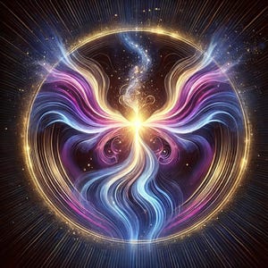 Puede incluir: Arte digital abstracto con un c&iacute;rculo dorado brillante y l&iacute;neas radiantes. En el interior, hebras fluidas de azul, morado y dorado convergen en un punto central de luz, creando un dise&ntilde;o din&aacute;mico y et&eacute;reo. La obra evoca una sensaci&oacute;n de energ&iacute;a y belleza c&oacute;smica.
