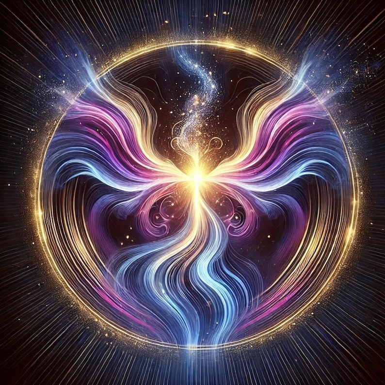 Puede incluir: Arte digital abstracto con un c&iacute;rculo dorado brillante y l&iacute;neas radiantes. En el interior, hebras fluidas de azul, morado y dorado convergen en un punto central de luz, creando un dise&ntilde;o din&aacute;mico y et&eacute;reo. La obra evoca una sensaci&oacute;n de energ&iacute;a y belleza c&oacute;smica.