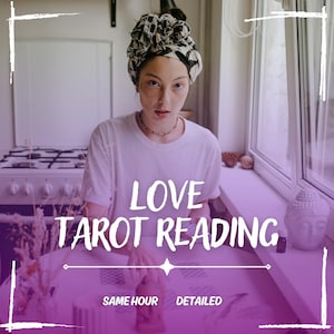 May include: A woman wearing a black and white patterned headscarf sits at a table with tarot cards spread out in front of her. The text "LOVE TAROT READING" is written in white on a purple background. The words "SAME HOUR" and "DETAILED" are also written in white on the table.