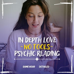 May include: A woman with long brown hair is looking down at a phone. The text on the phone says "IN DEPTH LOVE - NO TOOLS - PSYCHIC READING. SAME HOUR DETAILED".