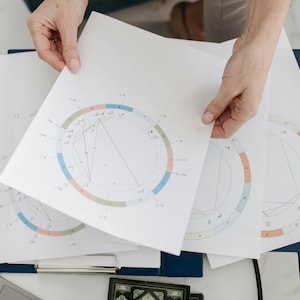 May include: A person is holding a white sheet of paper with a colorful circle chart on it. The chart has a blue, green, pink, and orange ring around the outside. There are lines and numbers inside the circle. The person is holding the paper over other similar sheets of paper with circle charts.