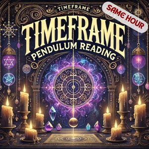 Puede incluir: Un conjunto de lectura de péndulo morado y dorado con un círculo brillante en el centro. El conjunto incluye velas, cristales y un péndulo. El texto "TIMEFRAME PENDULUM READING" se muestra en la parte superior de la imagen.