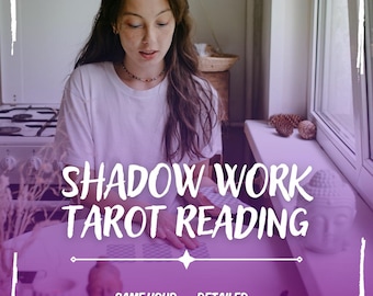 May include: A woman sits at a table with a purple background, reading tarot cards. The text "SHADOW WORK TAROT READING" is written in white on the image. The text "SAME HOUR DETAILED" is also written in white on the image.