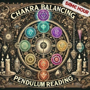 May include: A vintage-style illustration of a chakra balancing pendulum reading. The image features a circular design with seven colored chakras, each with a unique symbol. The text "Chakra Balancing" and "Pendulum Reading" are displayed in a decorative font.