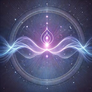 Puede incluir: Arte digital abstracto con una forma central brillante en forma de l&aacute;grima en blanco y morado, rodeada de l&iacute;neas radiales y un marco circular. L&iacute;neas onduladas azules y blancas fluyen por la imagen, sobre un fondo azul oscuro con puntos blancos dispersos.
