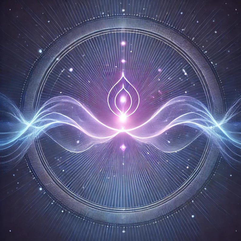 Puede incluir: Arte digital abstracto con una forma central brillante en forma de l&aacute;grima en blanco y morado, rodeada de l&iacute;neas radiales y un marco circular. L&iacute;neas onduladas azules y blancas fluyen por la imagen, sobre un fondo azul oscuro con puntos blancos dispersos.