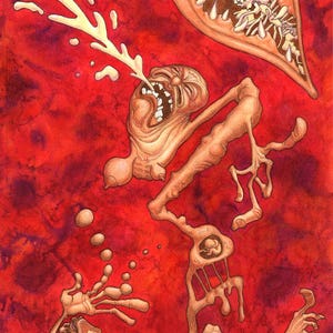 Original watercolor and mixed media painting,surreal art,dark art,visionary art,bizarre,weird art,absurdist,strange,figurative,disturbing
