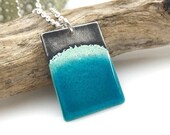 Beach Necklace, Glass Wave on the Sea Shore, One of a Kind Blue Enamel and Sterling Silver Pendant, Solid 925 Silver Chain Clasp, Gift