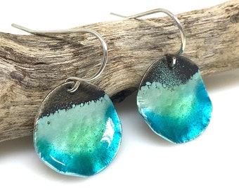 Ocean earrings, one of a kind blue green enamel on silver circles with a beautiful wave water effect