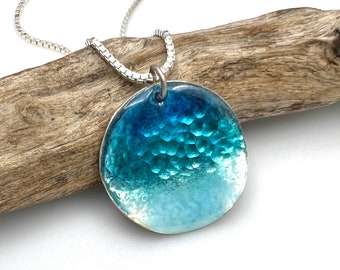 Ocean Necklace, Wave Pendant, Enamel & Sterling Silver