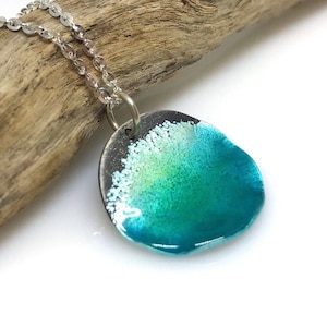 Circle Ocean Necklace - Sterling Silver & Aqua Blue Green Enamel