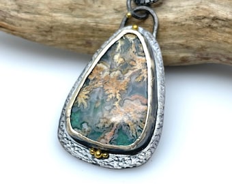 Pink Plume Agate Necklace, Blue Stone Cabochon, One-of-a-Kind Pendant with Silver & Gold