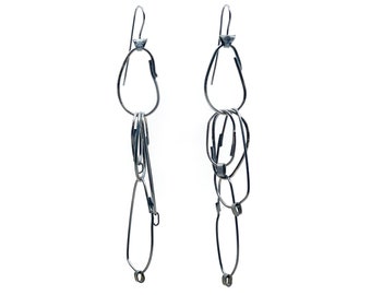 Multi Hoop Earrings - Unique Long Black Silver Statement Hoops