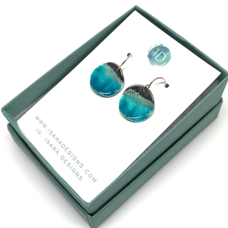 Circle Ocean Earrings Aqua Blue Enamel & Sterling Silver Dangle Earrings image 3