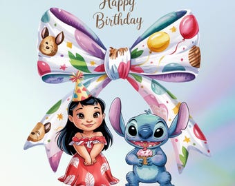 Lilo and Stitch Happy Birthday PNG Bundle, Birthday Girl Clipart, Disney Birthday Bundle, Stitch Birthday Bow, Digital Download, Disney Bow
