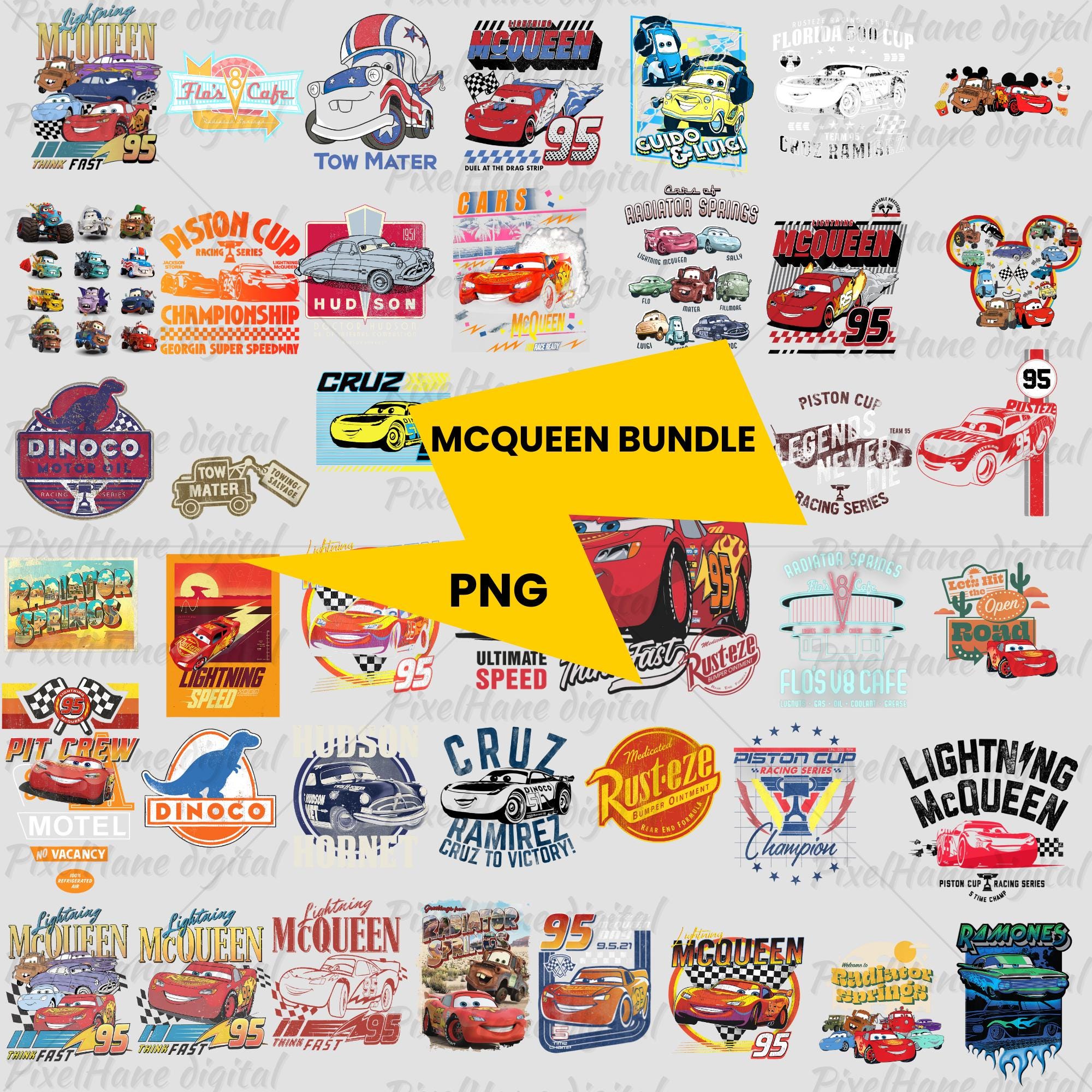 Lightning McQueen, 40+ Cars PNG Clipart Bundle, Tow Mater & Cars Characters, Cartoon Sublimation Designs, Instant Download