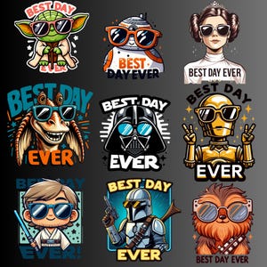 May include: Nine colorful illustrations of Star Wars characters wearing sunglasses with the text "Best Day Ever" on each image. The characters include Yoda, R2-D2, Princess Leia, Jabba the Hutt, Darth Vader, C-3PO, The Mandalorian, Chewbacca, and Luke Skywalker.