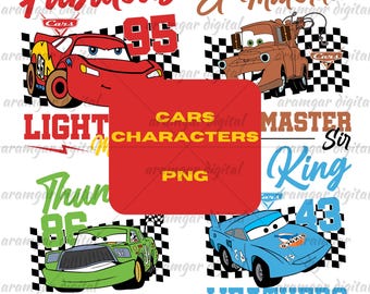 Op de afbeelding: Vier digitale illustraties van Cars-personages. De eerste afbeelding is van Lightning McQueen, een rode raceauto met nummer 95 aan de zijkant. De tweede afbeelding is van Mater, een bruine sleepwagen met nummer 57 aan de zijkant. De derde afbeelding is van Chick Hicks, een groene raceauto met nummer 86 aan de zijkant. De vierde afbeelding is van The King, een blauwe raceauto met nummer 43 aan de zijkant.