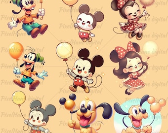 Cute Mickey and Minnie Balloon PNG, Disney Vintage Style Clipart, Pluto & Goofy Digital Download, Goofy PNG, Disney Sublimation, Cartoon Art