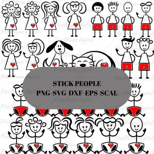 Stick Familie SVG Clipart Bundle, Strichmännchen PNG dXF EPS, Familie Aufkleber Design, Umrisse für Kinder und Haustiere, digitaler Download, Stick People
