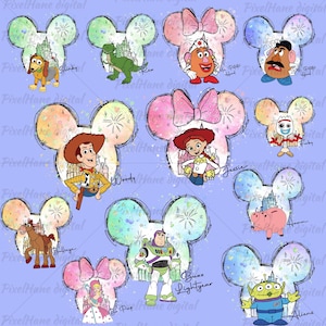 May include: A digital paper pattern featuring various Disney characters in a Mickey Mouse ear shape. The characters include Woody, Buzz Lightyear, Jessie, Slinky Dog, Bullseye, Rex, Mr. and Mrs. Potato Head, Forky, and Alien. The background is a light purple with a watercolor effect.
