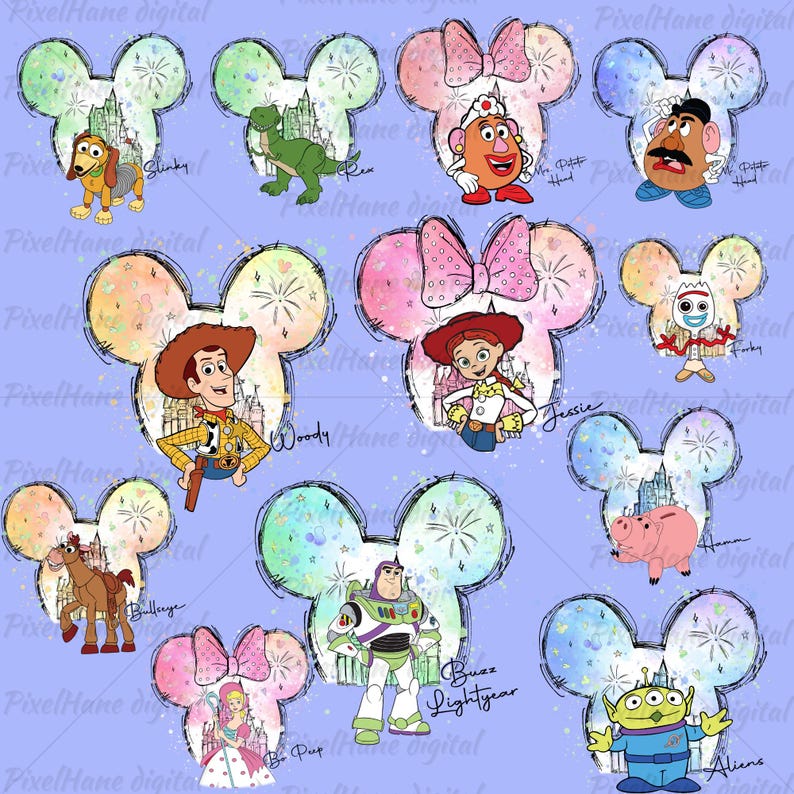 K&ouml;nnte beinhalten: Ein digitales Papiermuster mit verschiedenen Disney-Charakteren in Form eines Mickey-Maus-Ohrs. Die Charaktere sind Woody, Buzz Lightyear, Jessie, Slinky Dog, Bullseye, Rex, Mr. und Mrs. Potato Head, Forky und Alien. Der Hintergrund ist helllila mit einem Aquarelleffekt.