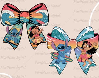 Lilo and Stitch Surf Bow PNG, Disney Liloo and Stitch Bow Bundle, Stitch and Angle, Cute Cartoon Design for Cricut, Angle And Stitch Couple