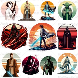Può includere: Un collage di nove immagini circolari con personaggi del franchise di Star Wars. Ogni immagine ha uno sfondo di tramonto o alba in stile retrò con un personaggio che tiene una spada laser. I personaggi includono Luke Skywalker, Darth Vader, Yoda, la principessa Leia, Obi-Wan Kenobi e altri.