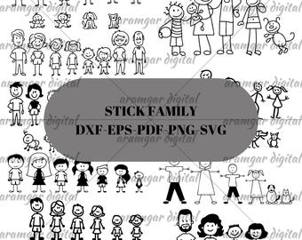 Stick Figure Family Clipart-bundel: Vector SVG, PNG, PDF (directe download)
