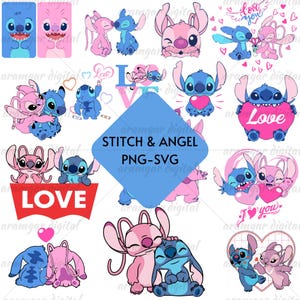 Stitch and Angel SVG Bundle, Stitch Svg, Stitch Couple Svg, Stitch and Angel Valentines SVG PNG, Clipart Layered Bundle Lilo and Stitch