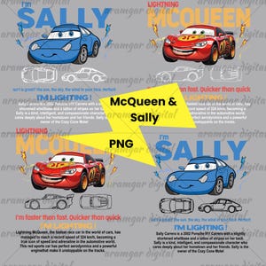 Może przedstawiać: Cyfrowa ilustracja przedstawiająca Błyskawicznego McQueena i Sally z filmu Auta. Błyskawiczny McQueen to czerwony samoch&oacute;d wyścigowy z numerem 95 na boku. Sally to jasnoniebieski samoch&oacute;d z białym obramowaniem. Tekst "Jestem Błyskawiczny!" znajduje się nad Błyskawicznym McQueenem, a tekst "Jestem Sally" nad Sally. Tekst "McQueen & Sally" znajduje się w środku obrazu. Tekst "PNG" znajduje się pod tekstem "McQueen & Sally".