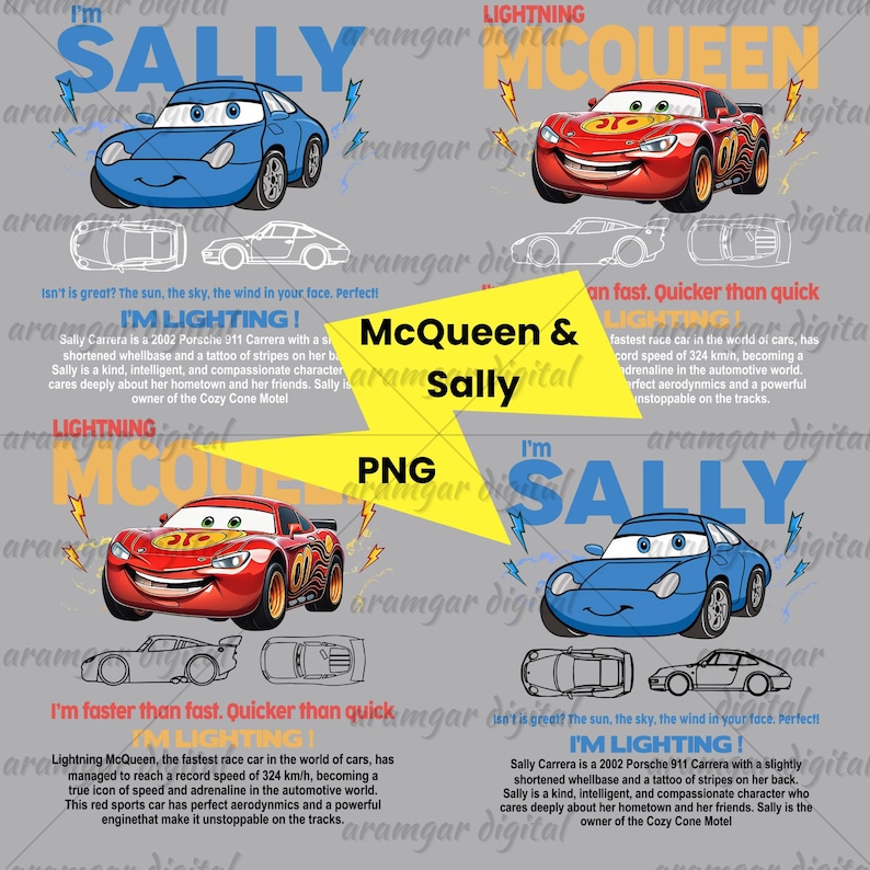 Może przedstawiać: Cyfrowa ilustracja przedstawiająca Błyskawicznego McQueena i Sally z filmu Auta. Błyskawiczny McQueen to czerwony samoch&oacute;d wyścigowy z numerem 95 na boku. Sally to jasnoniebieski samoch&oacute;d z białym obramowaniem. Tekst "Jestem Błyskawiczny!" znajduje się nad Błyskawicznym McQueenem, a tekst "Jestem Sally" nad Sally. Tekst "McQueen & Sally" znajduje się w środku obrazu. Tekst "PNG" znajduje się pod tekstem "McQueen & Sally".