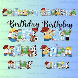 Nome Toy Story PNG, Design de Carta de Aniversário para Família, Toy Story Digital, Sublimação para Festa Infantil, Camiseta Mãe, Pai, Tia, Tio, Disney Toy Story PNG