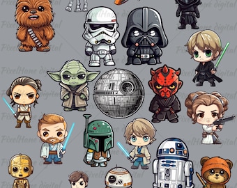 Star Wars PNG Bundle, Cute Star Wars Clipart, Kawaii Jedi Characters, Baby Yoda, Darth Vader, Luke Skywalker, Mandalorian, Digital Download