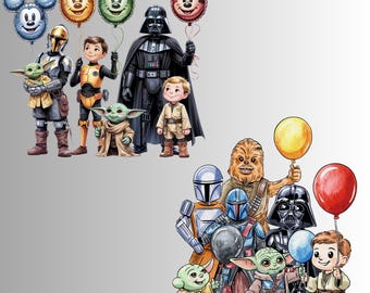 Pakiet urodzinowy Star Wars PNG: balony Dartha Vadera i Grogu (pobranie cyfrowe)