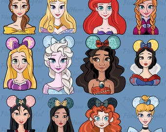 May include: A digital illustration of 10 Disney princesses wearing mouse ears with bows. The princesses are Belle, Snow White, Cinderella, Ariel, Elsa, Moana, Rapunzel, Mulan, Pocahontas, and Merida. Each princess is depicted with her signature hair colour and outfit.