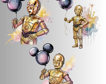 C-3PO Aquarell Clipart: Star Wars Geburtstag, Micky Ballons (PNG Digital Download)