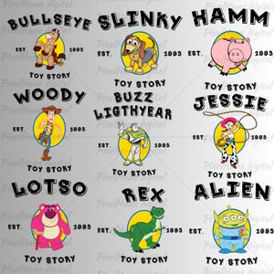 Toy Story PNG Bundle, Woody Buzz SVG, Jessie Alien Clipart, Rex Lotso Digital, Hamm Slinky Bullseye PNG, Kids Birthday Shirt Design